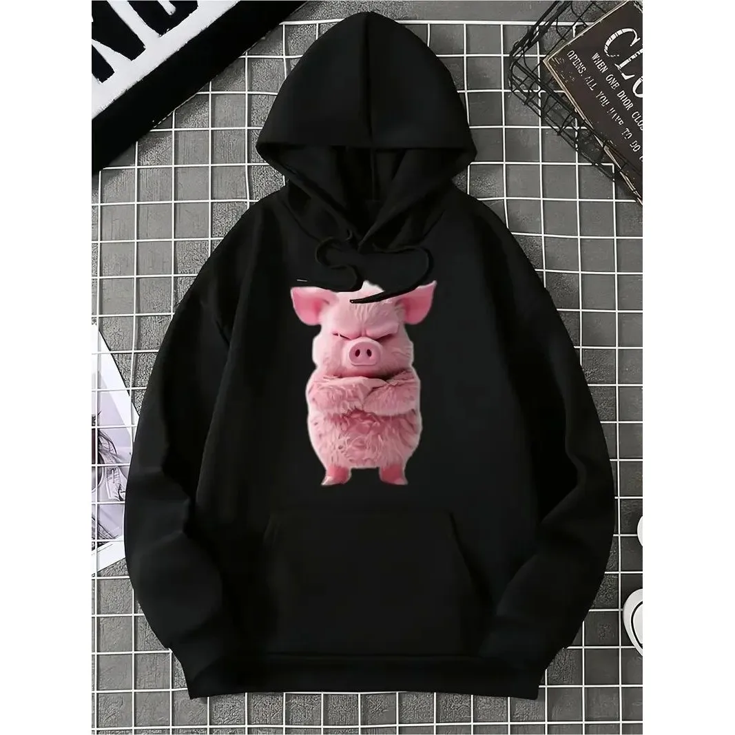 

Cartoon Pink Cute Pig Print Cotton Sweatirt for Women Autumn Winter Seasonal Faion Ladies Hoodie No Hat Fem