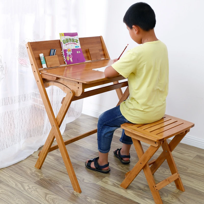 74x51x93cm Children's Desk Folding Study Table Flip Writing Desk Quality Bamboo Student Desk Fully Equipped Simple Folding Table