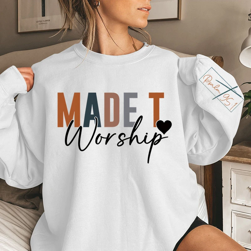 Made To Worship Letter Print Sweatshirt Crew Neck Casual Fall & Winter Wear Christian Sweatshirts Long Sleeves Funny Pullovers