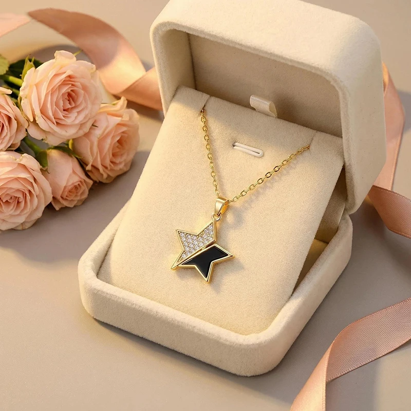 Fotografia 7: Colar de aço titânio com estrela de cinco pontas para mulheres, pingente personalizado, acessório versátil de luxo leve, joias de verão.