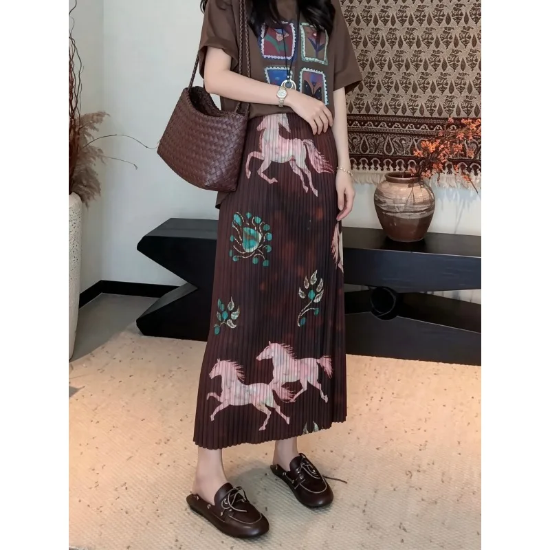 Miyake Pleated Original New 2026 Summer Skirt Women Black Mid-Length Elastic Waist Loose Straight Skirt Casual Fashion Skirt