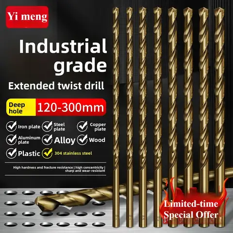 Extended Twist Drill Bit with Cobalt Shank and Stainless Steel for Woodwork Hole Drilling Suitable for Drilling Holes in Wood.