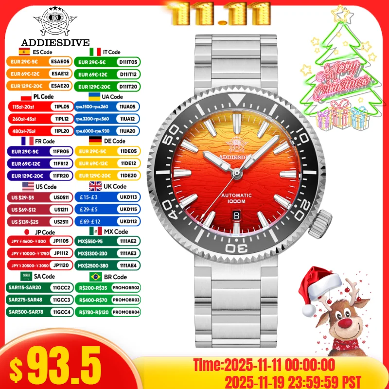 ADDIESDIVE Orologio da uomo 100Bar Impermeabile BGW9 Super luminoso AD2526 Vetro zaffiro 8215 Movimento Orologi meccanici automatici