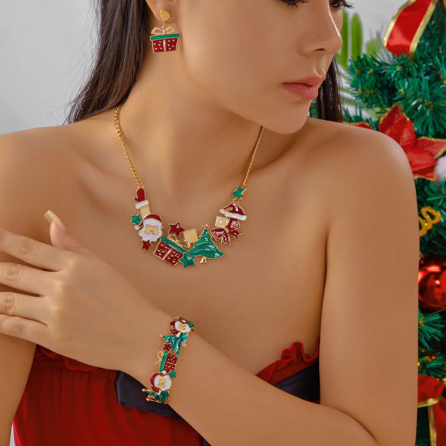 Weihnachts-Metall-Ohrringe, Armband, Halsketten-Set für Frauen, mit Tropfen-Öl-Motiven, Weihnachtsmann, Weihnachtsbaum, Schleife, Hut, Choker, Schmuckdekoration – Detail 3