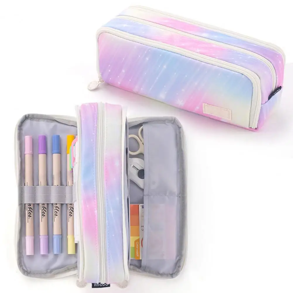 Soft Touch Pencil Bag Three-layer Gradient Color Pen Bag Capacity Portable Zipper Pouch for Girls Students Ideal School Supplies