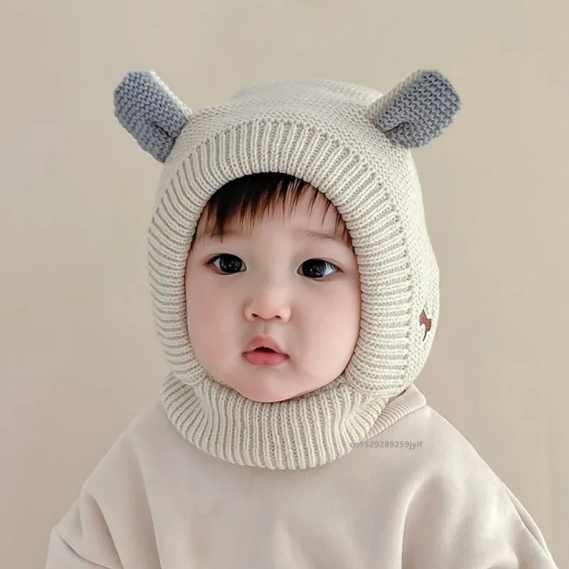 Winter Children Warm Baby Knitted Hats with Ears Kids Knit Beanie Hats Solid Color Children\'s Hat for Boys Girls Accessories