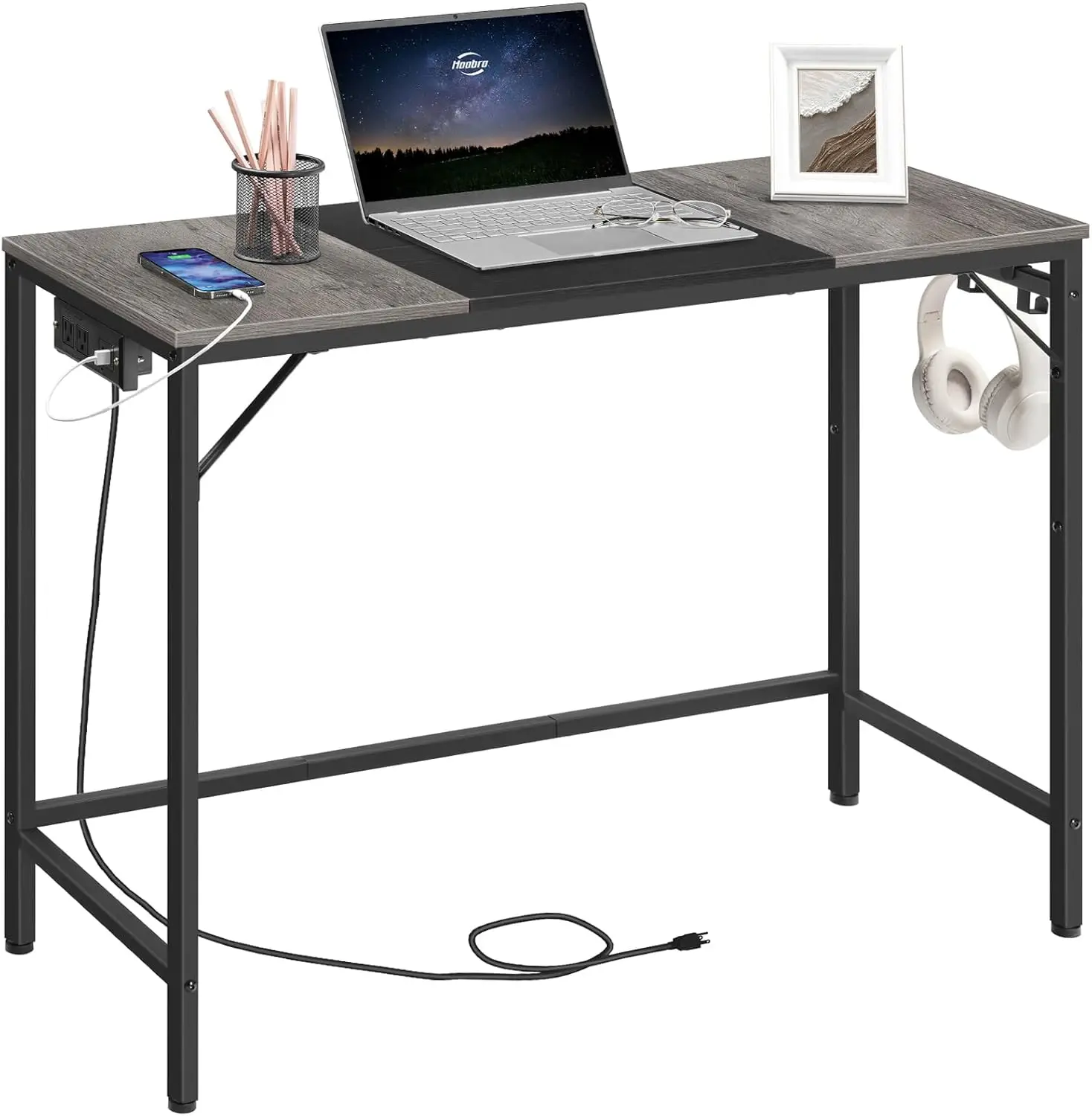 

Home Office Desk With Power Outlet, Modern Study Writing Desk With 3 Hooks For Study Room, Home Office, St