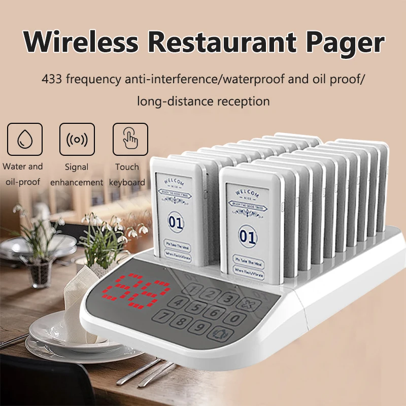 20 Buzzers Restaurant Pager System Touch Panel Wireless Calling System for Coffee Shop Food Truck Restaurant Guest Queue Page