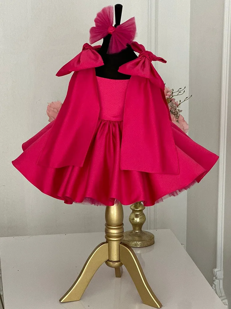 Cross-border Trade Girls' Formal Dress2025New European and American Style Bowknot Princess Rose Red Children's Performance Costu