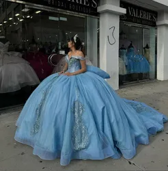 Sky Blue Sparkly Crystal Princess Quinceanera Dresses Luxury Crystal Off Shoulder Corset vestidos de 15 años quinceañeras 2024