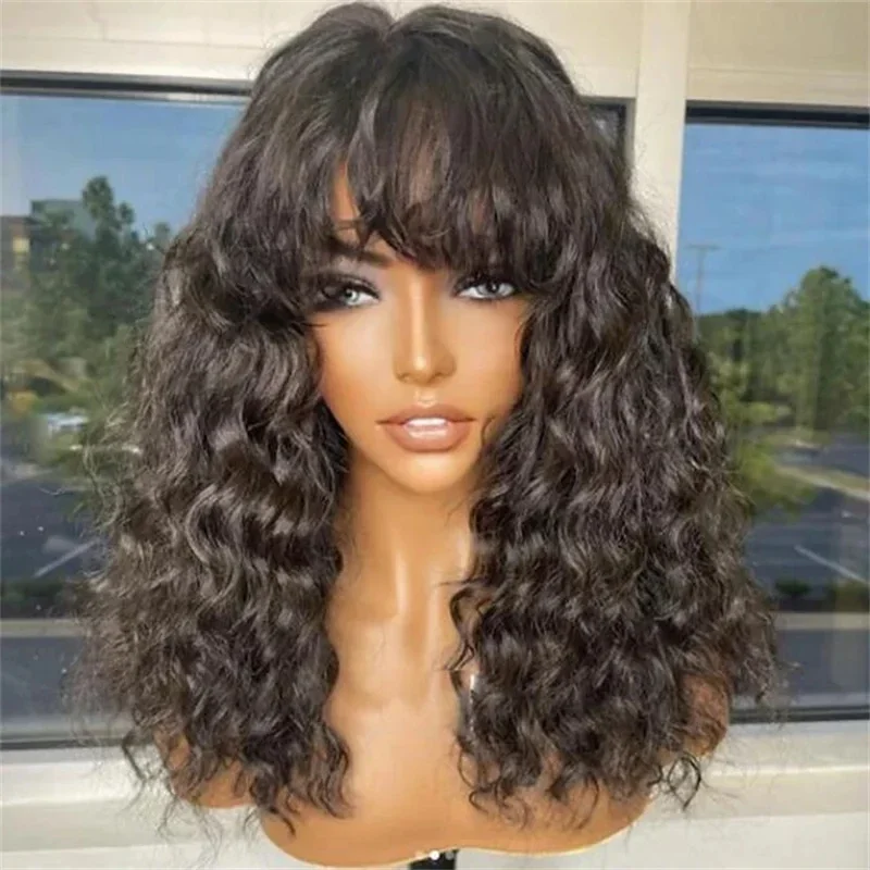 

180Density 26 Long Machine Natural Black Kinky Curly With Bangs For Women Babyhair Preplucked Heat Resistant Glueless Daily Wig