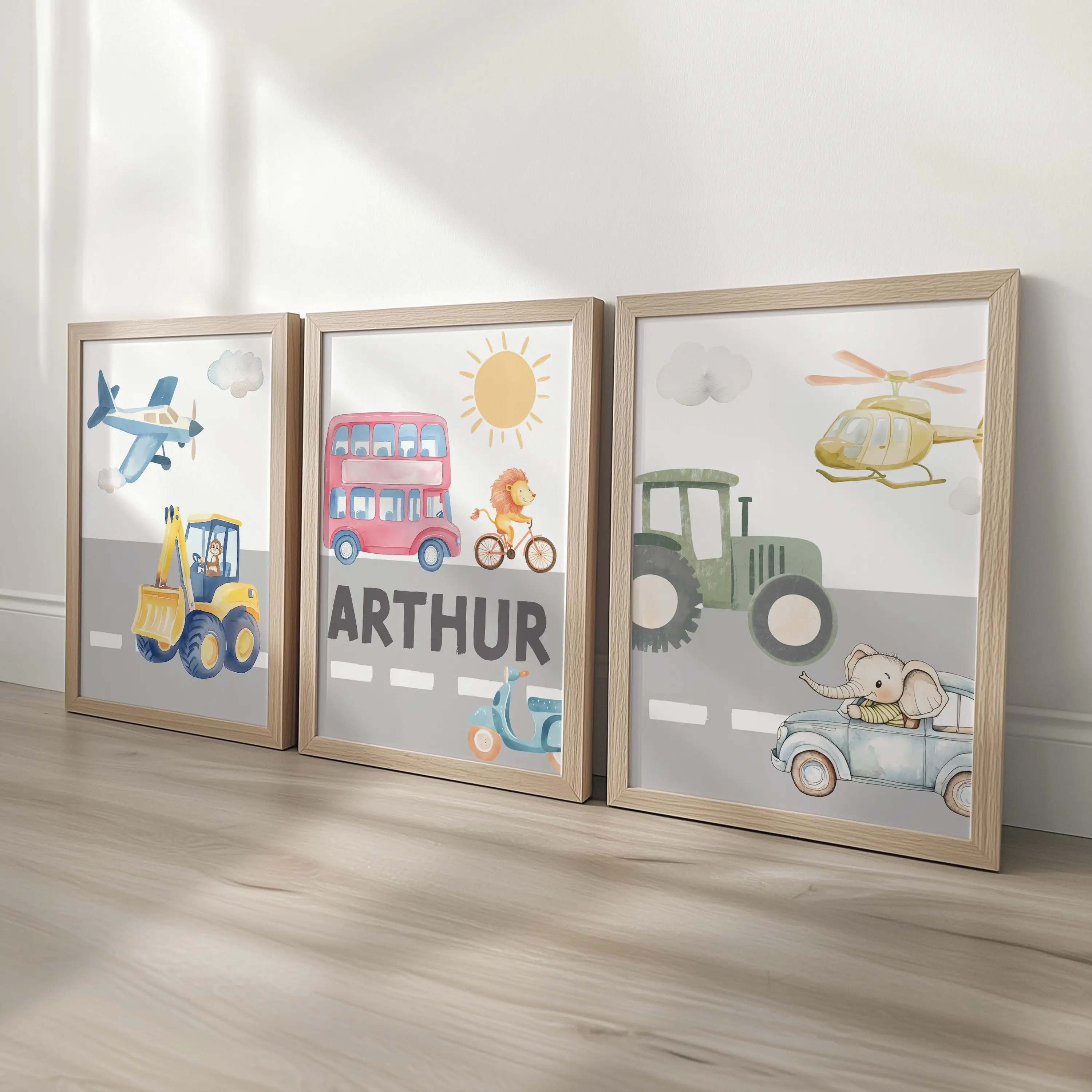 Transport personalisierte Kinderzimmer-Wanddrucke, 3er-Set, Safari-Tier, individuell gerahmte Jungen-Schlafzimmerdekoration, Geschenk für Kinderzimmer-Poster