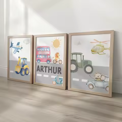 Transport Personalised Nursery Wall Prints Set of 3 Safari Animal Custom Framed Boys Bedroom Decor Gift for Kids Room Posters
