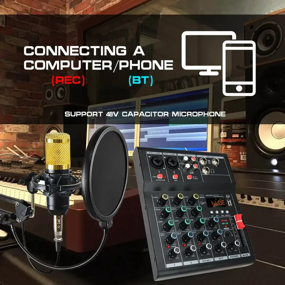 Professional 4 6 channels Audio mixer DJ karaoke Mixing Console With USB Interface Sound Card BT 48V PC MP3 DJ Recording