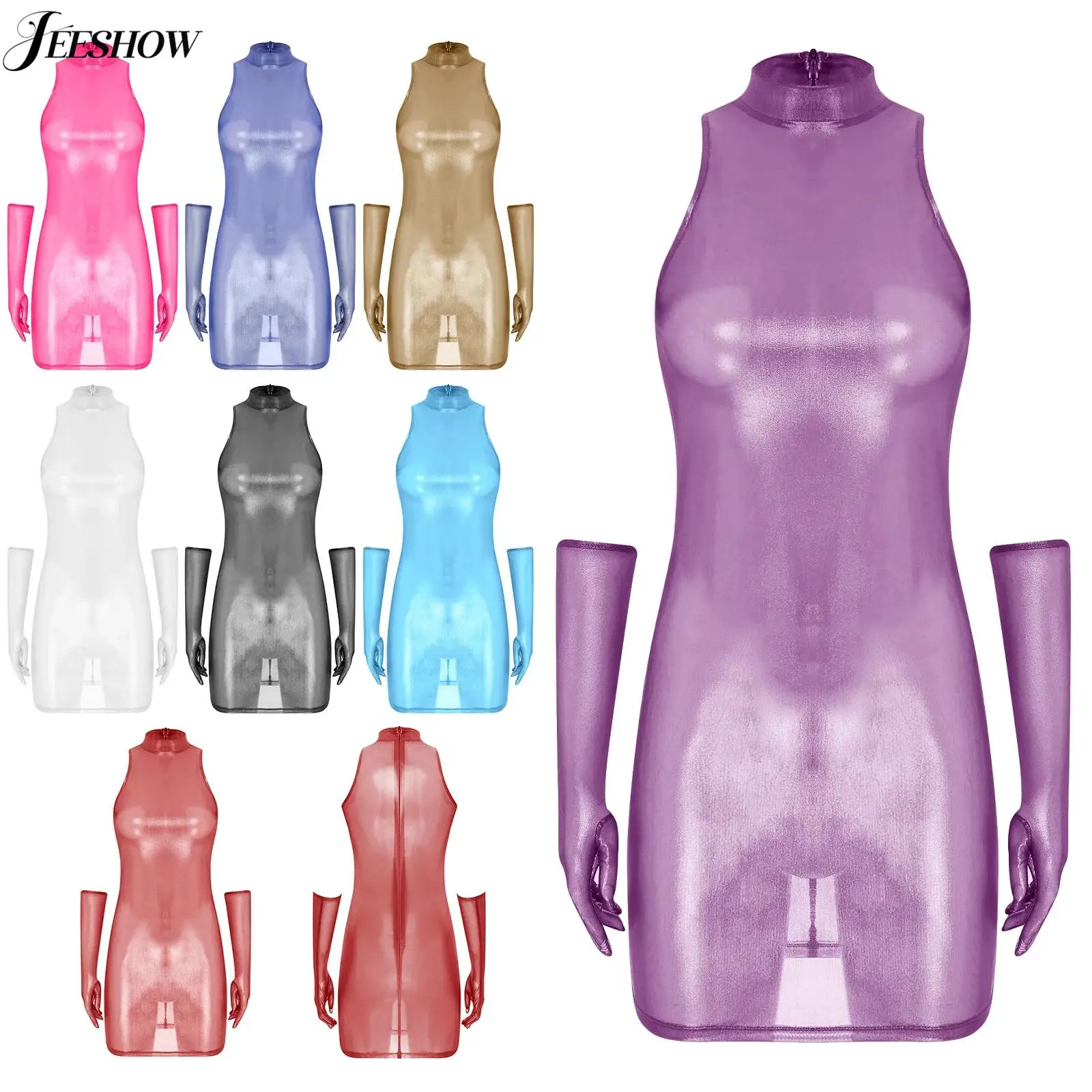 

Womens Shiny Metallic Sheer Lingerie Dress See Through Shimmering Sleeveless Back Zipper Bodycon Mini Dress with Long Gloves