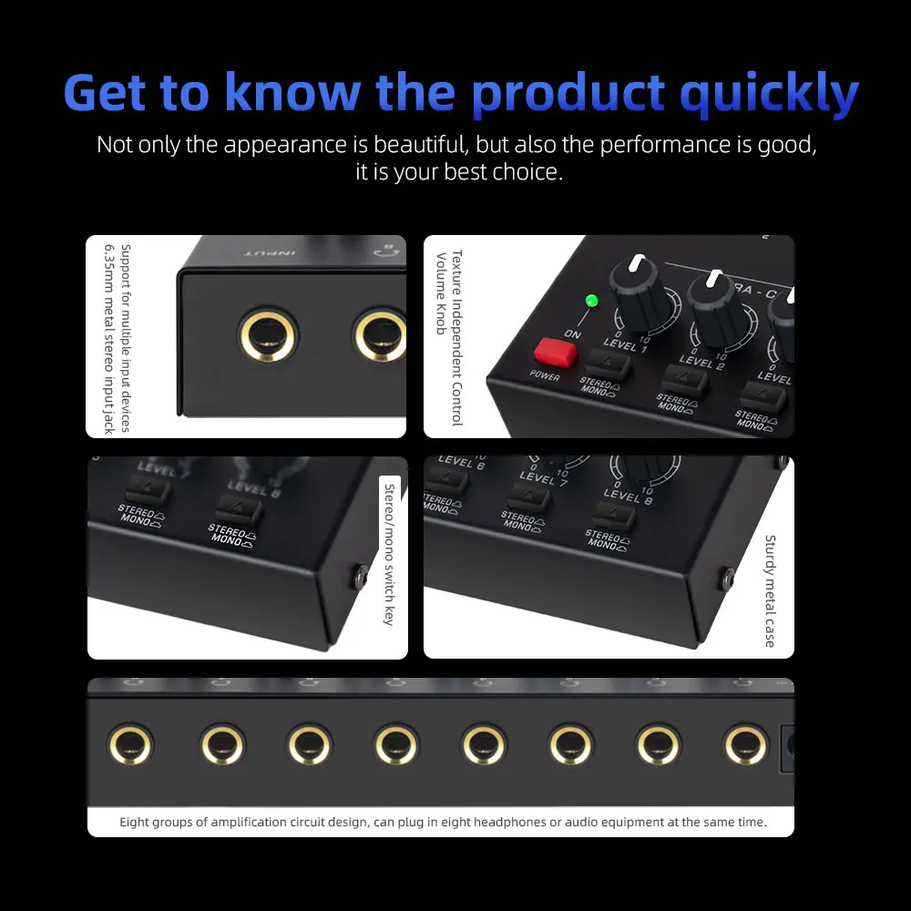 4 8 Channels Stereo Headphone Amplifier Portable Ultra Low Noise Audio Amplifier Earphone Splitter with Power Adapter