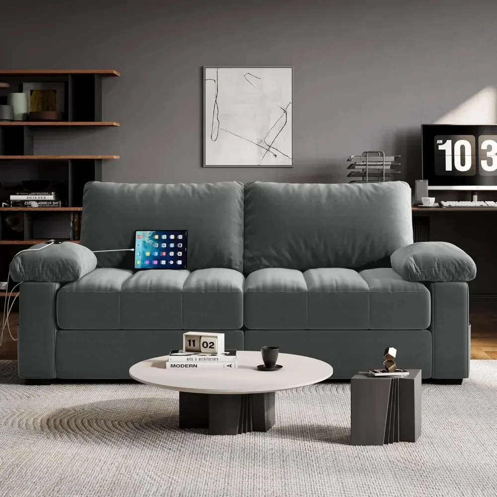 

79" Velvet Living Room Sofa, Storage Pockets and USB Ports, 2 Seater Comfy Sofas with Removable Cover & Pillow Top Arms, Sofa