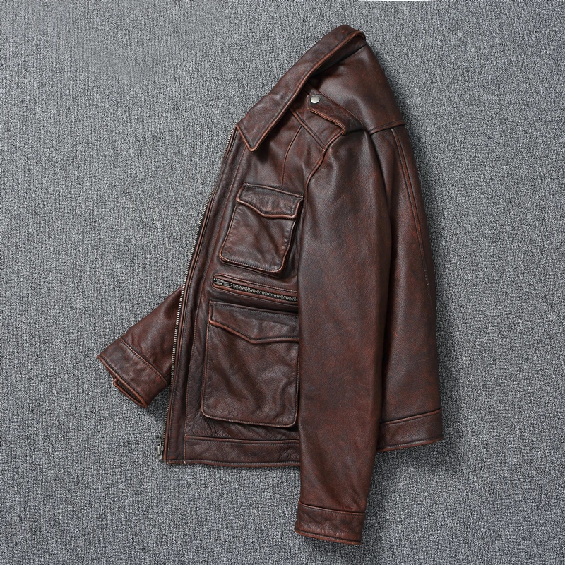 Genuine Leather Men\'s Retro Old-Fashioned Motorcycle Jacket Pure Head Layer Cowhide Slim-Fit lapel Coat Casual Trend