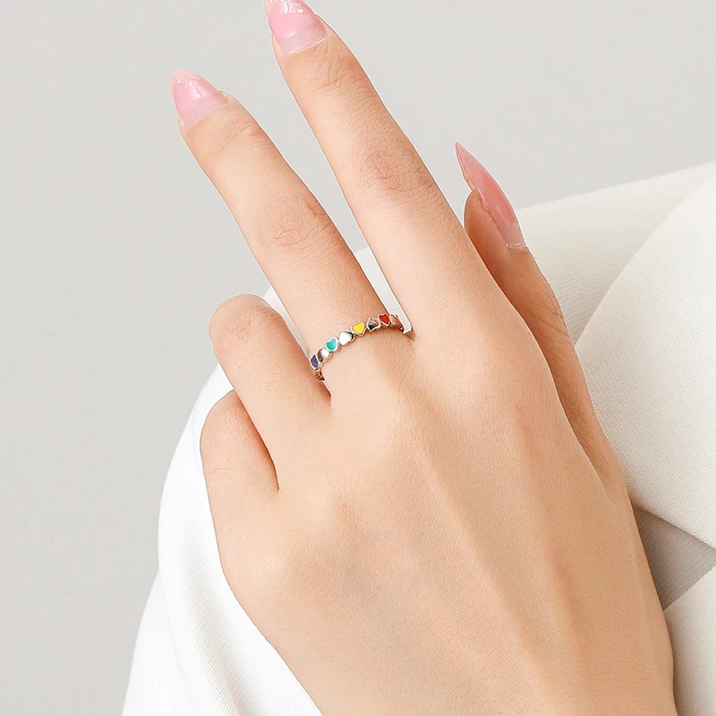 Modian 925 Sterling Silver Multicolour Enamel Hearts Finger Ring Simple Stackable Trendy Original Jewelry For Women Party Gifts