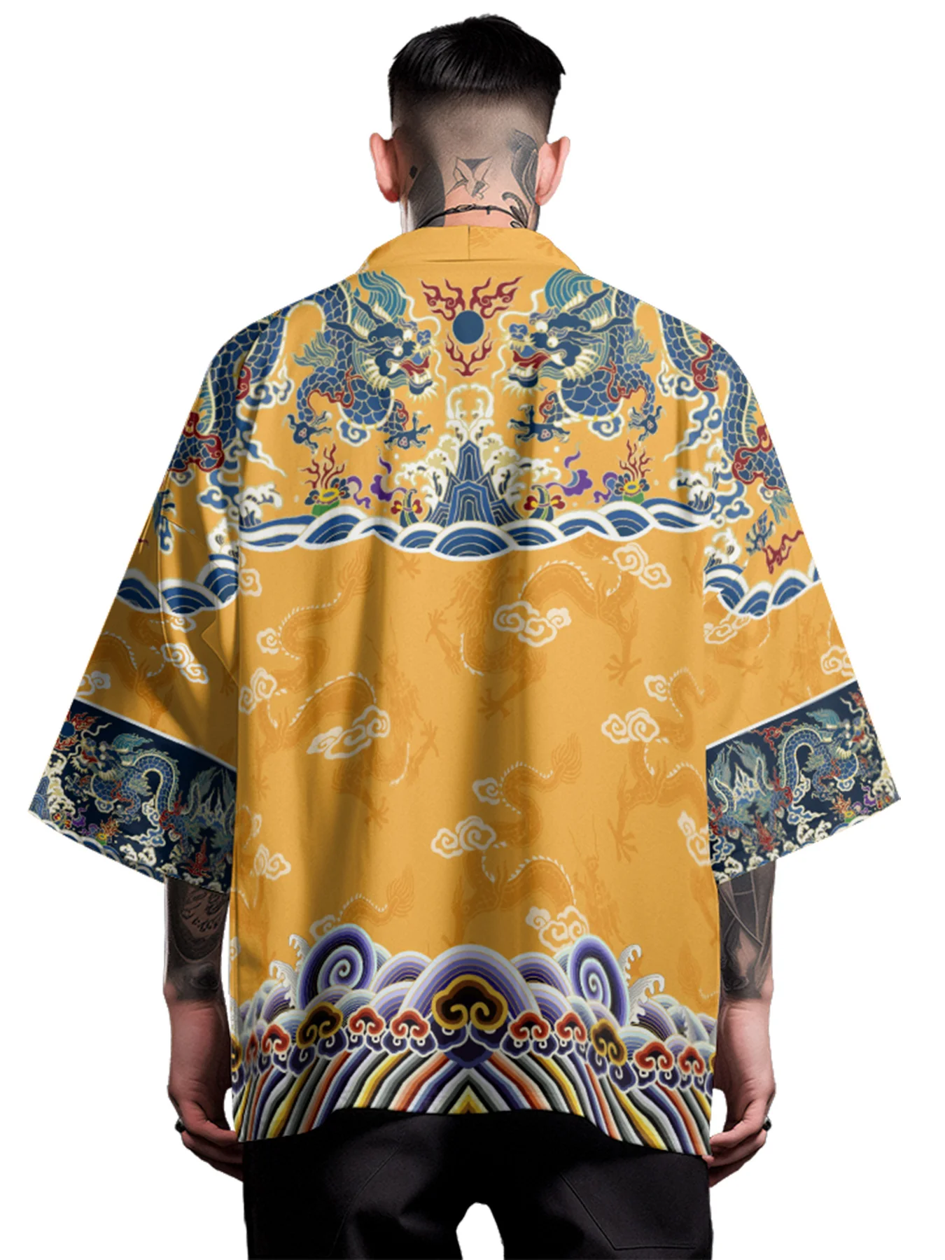 

Traditional Chinese Emperor Dragon Kimono Taoist Robe Male National Wind Feather Woven Coat Loose Shirt for Summer