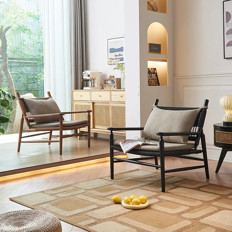 Nordic rope back leisure chair household simple hemp rope solid wood sofa chair wabi sandy wind B & B balcony three-piece set