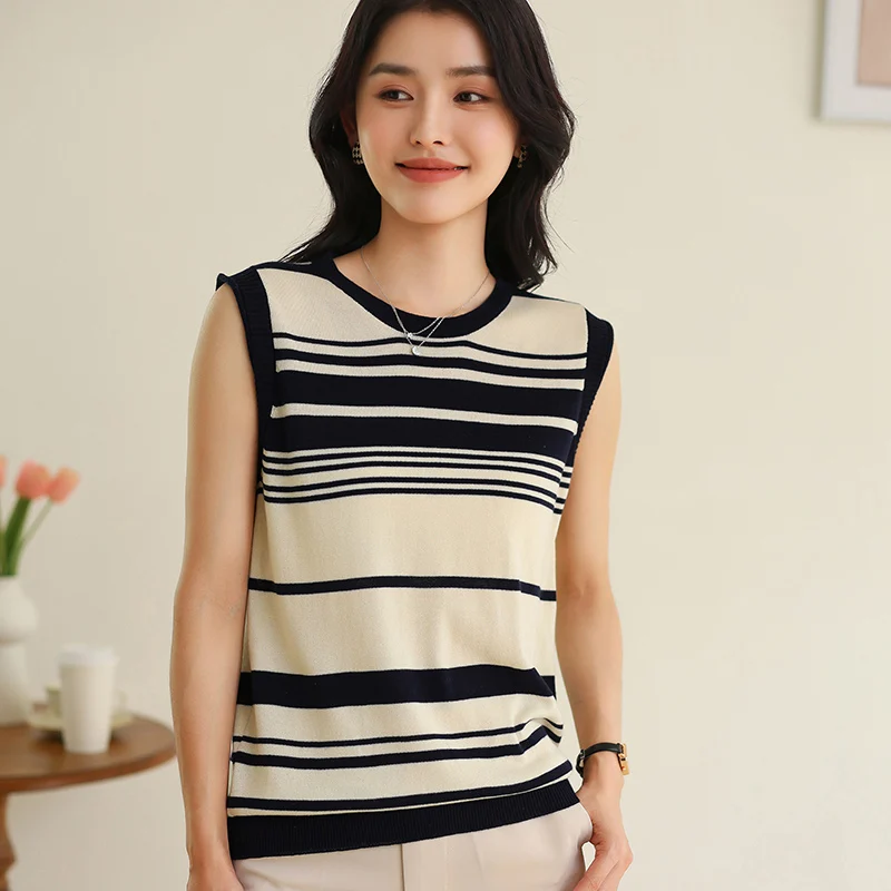 THYFGT 100% Cotton Women 0-neck Stripe Vest Plus Size Clearance Sale luxury designer clothing woman