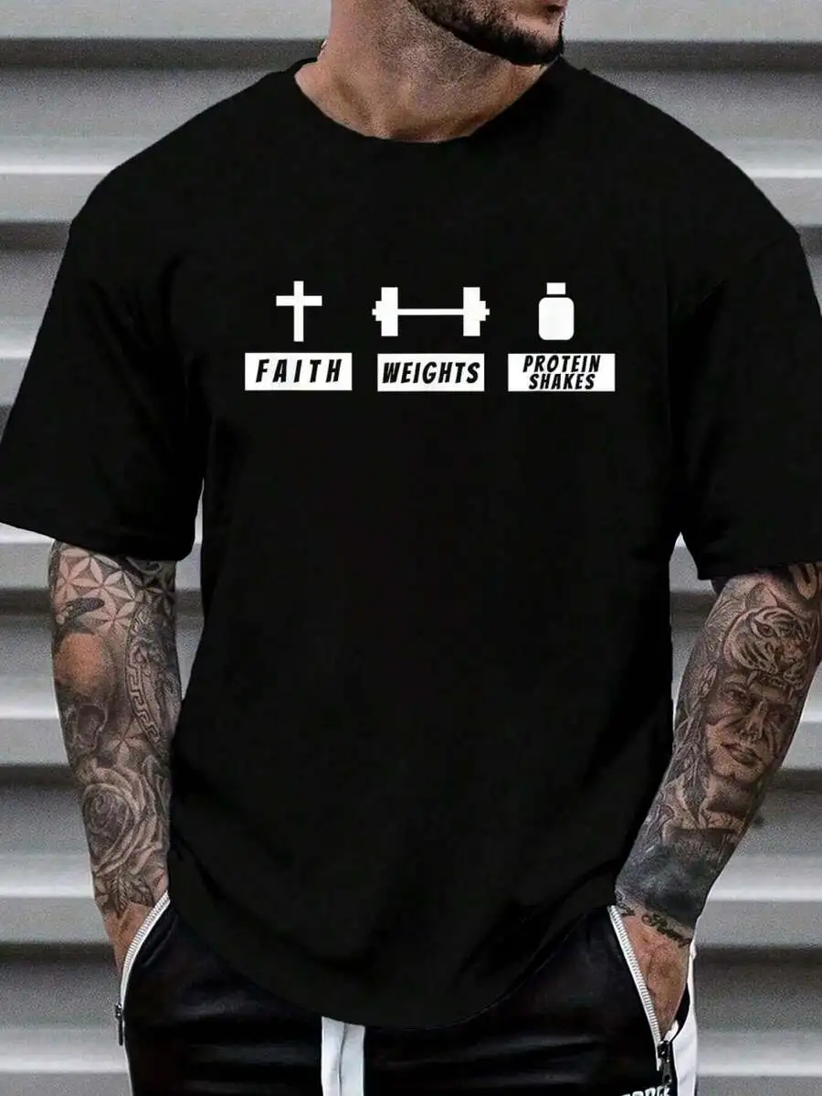 100% Cotton Funny Faith Weights Protein Shakes Christian Fitness T-Shirt Women's Men's Graphic Tee Causal Tops Fashion Tshirt Sh