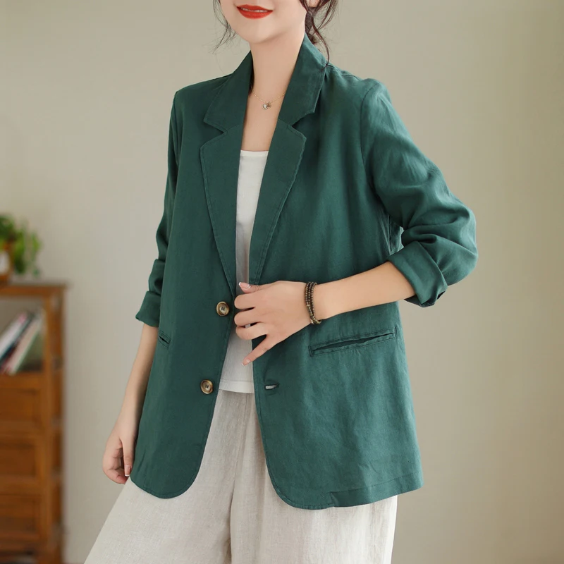 Costume artistique en coton et lin de couleur Pure, coupe ample, col décontracté pour femmes, haut grande taille pour l'automne