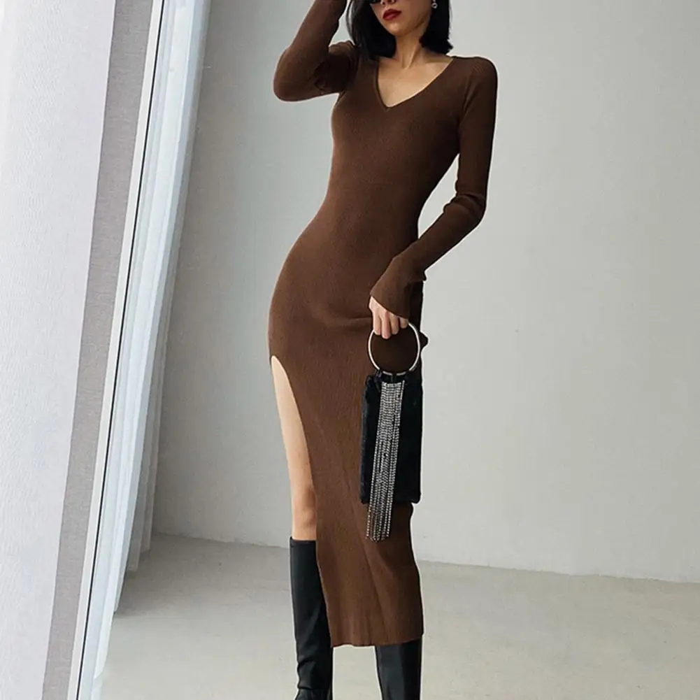 Knitted Split Dress Elegant V-neck Knitted Maxi Dress with Side Split Hem High Waist for Women Winter Autumn Slim Fit Solid