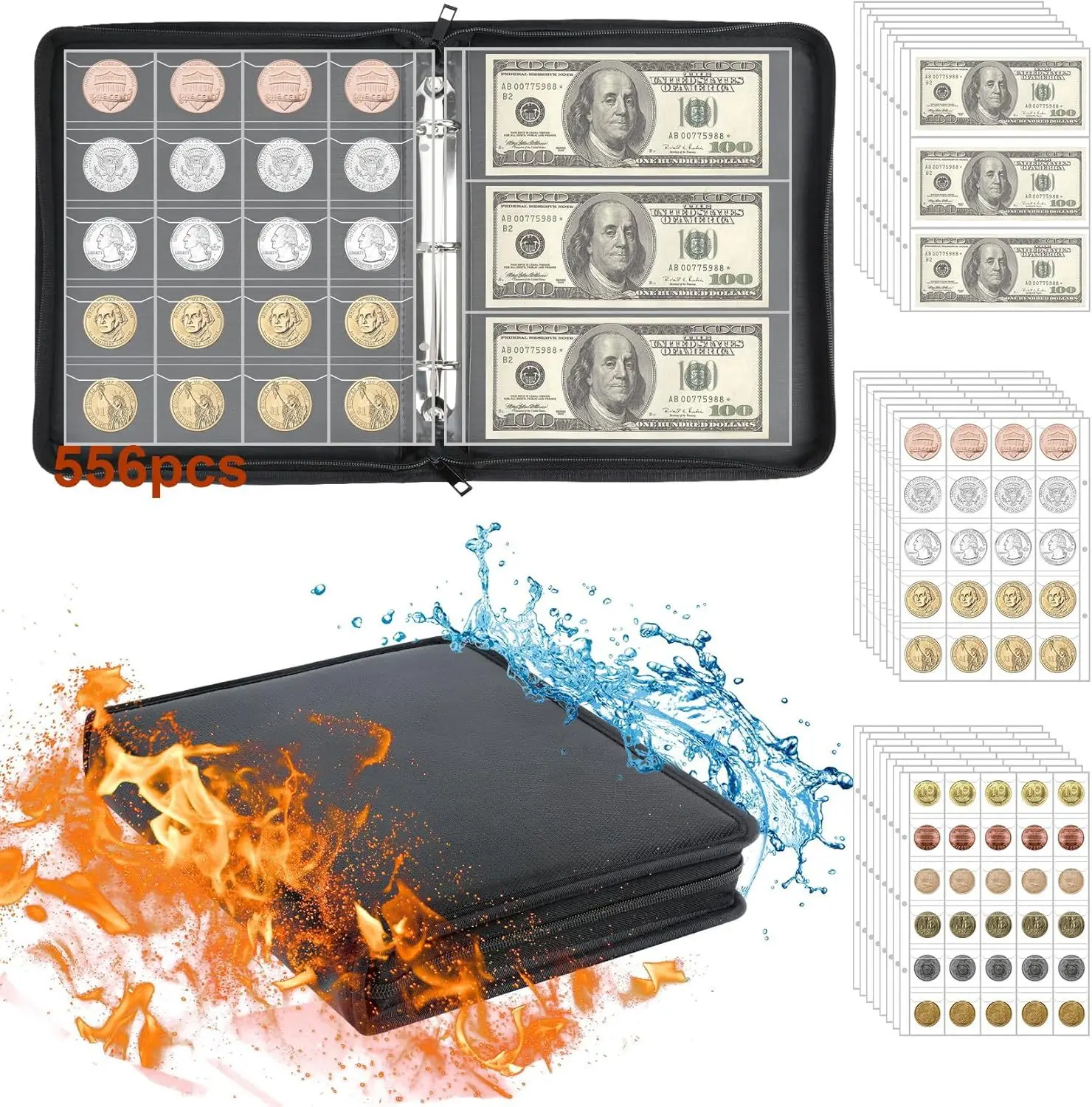 

Новый 3-кольцевой огнестойкий альбом для сбора монет для коллекционеров, альбом для сбора монет с 300 карманами и футляр для хранения денег с 36 рукавами,