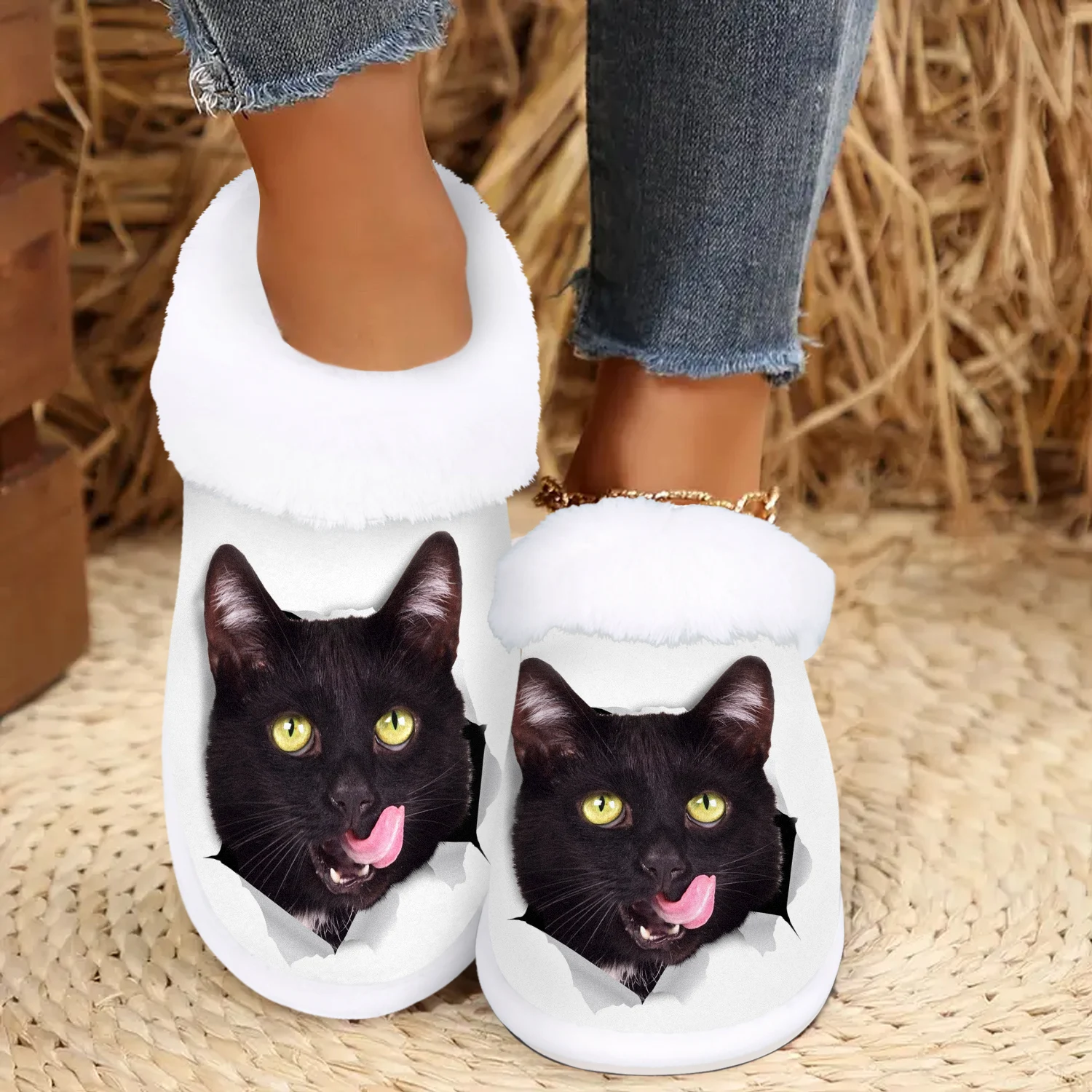 Zapatos de casa sin cordones con diseño de gato caprichoso para mujer: acogedores zapatillas de invierno para interiores/exteriores con suela de goma antideslizante