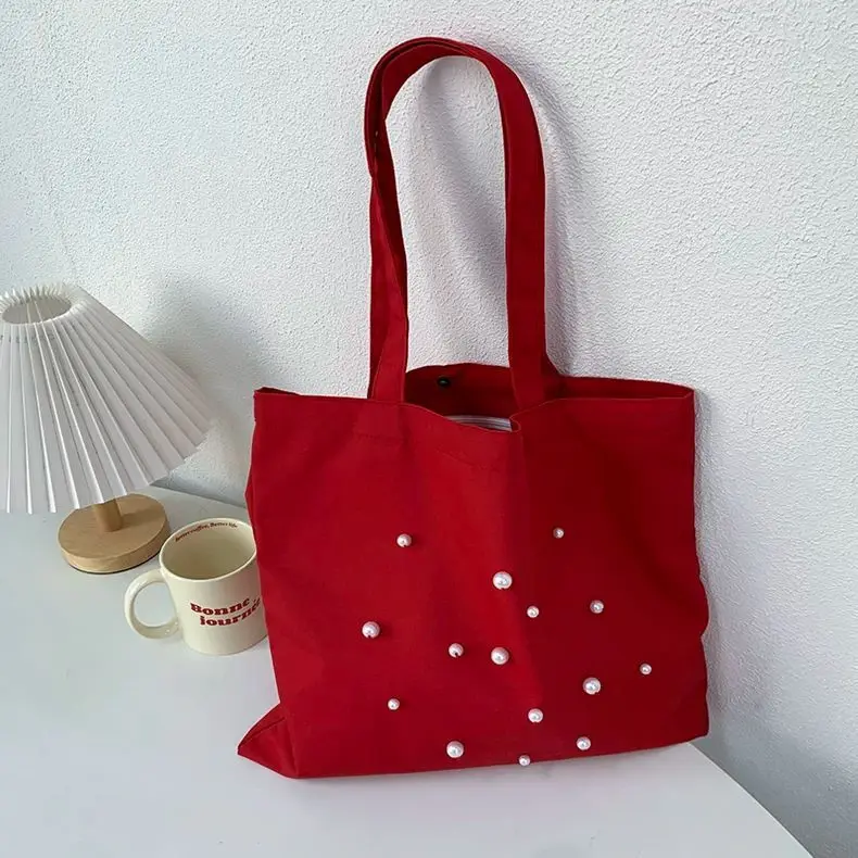 

New Pearl Canvas Bag for Women Japanese Korean Niche Large Capacity Red Tote Bags 2025 new