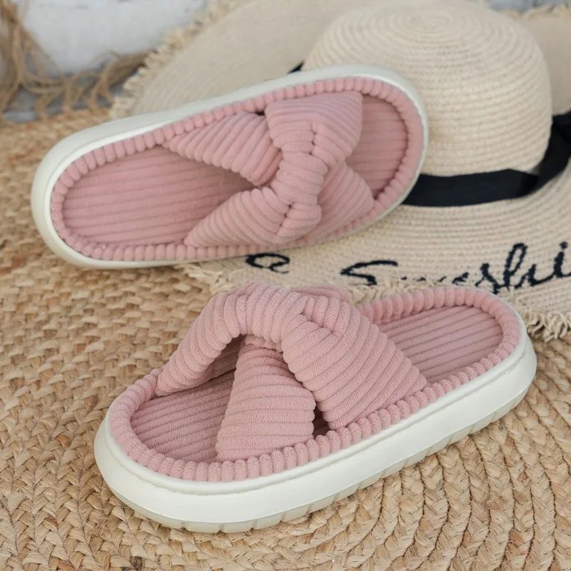 2024 Fashion Cross Strap Fuzzy Slippers Women Winter Warm Plush Home Cotton Shoes Woman Soft Sole Open Toe Fluffy Fur Slippers