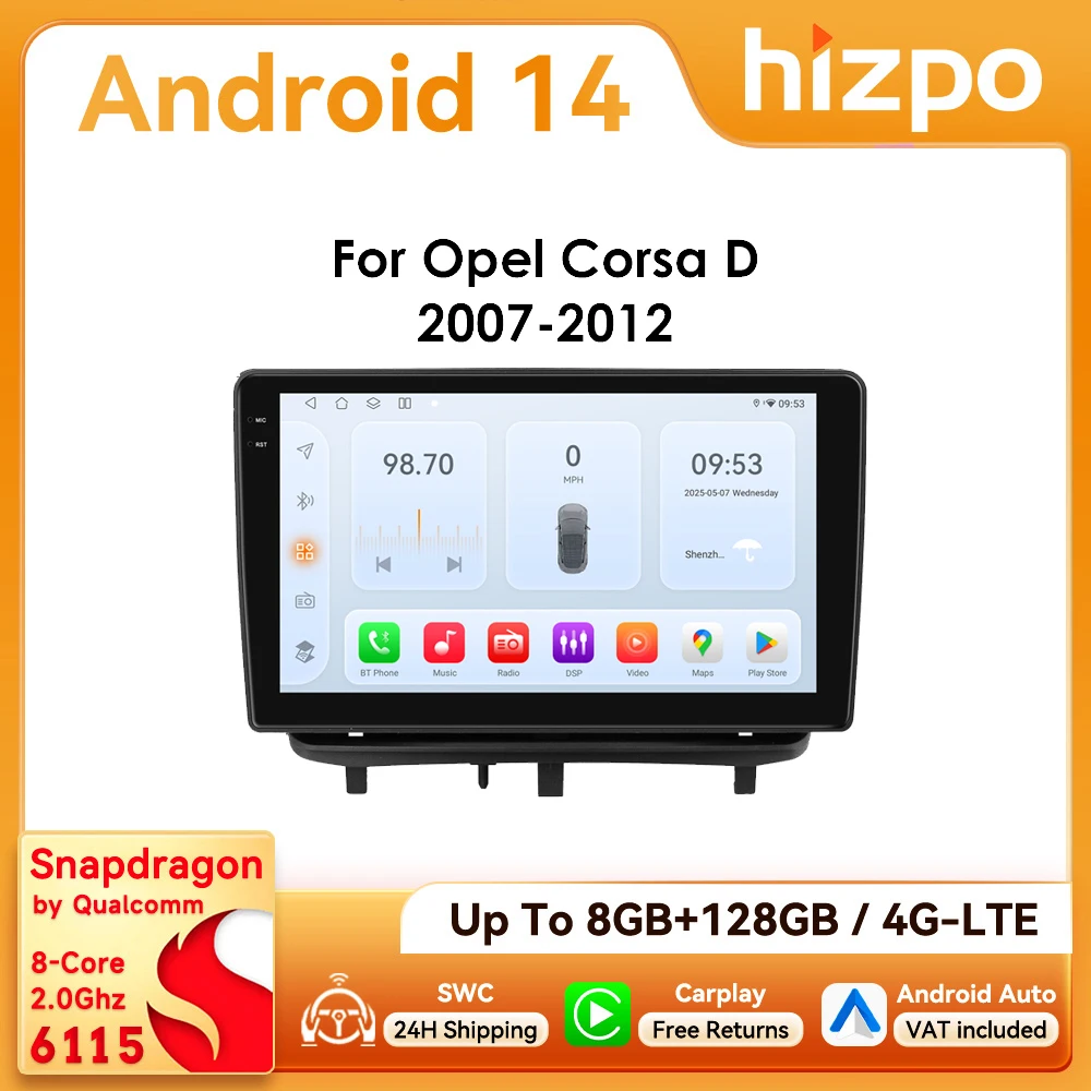 9" Hizpo 2Din Android14 Autoradio für Opel Corsa D 2007 - 2012 Schrägheck Auto CarPlay 4G BT RDS DSP SWC GPS Snapdragon 6115