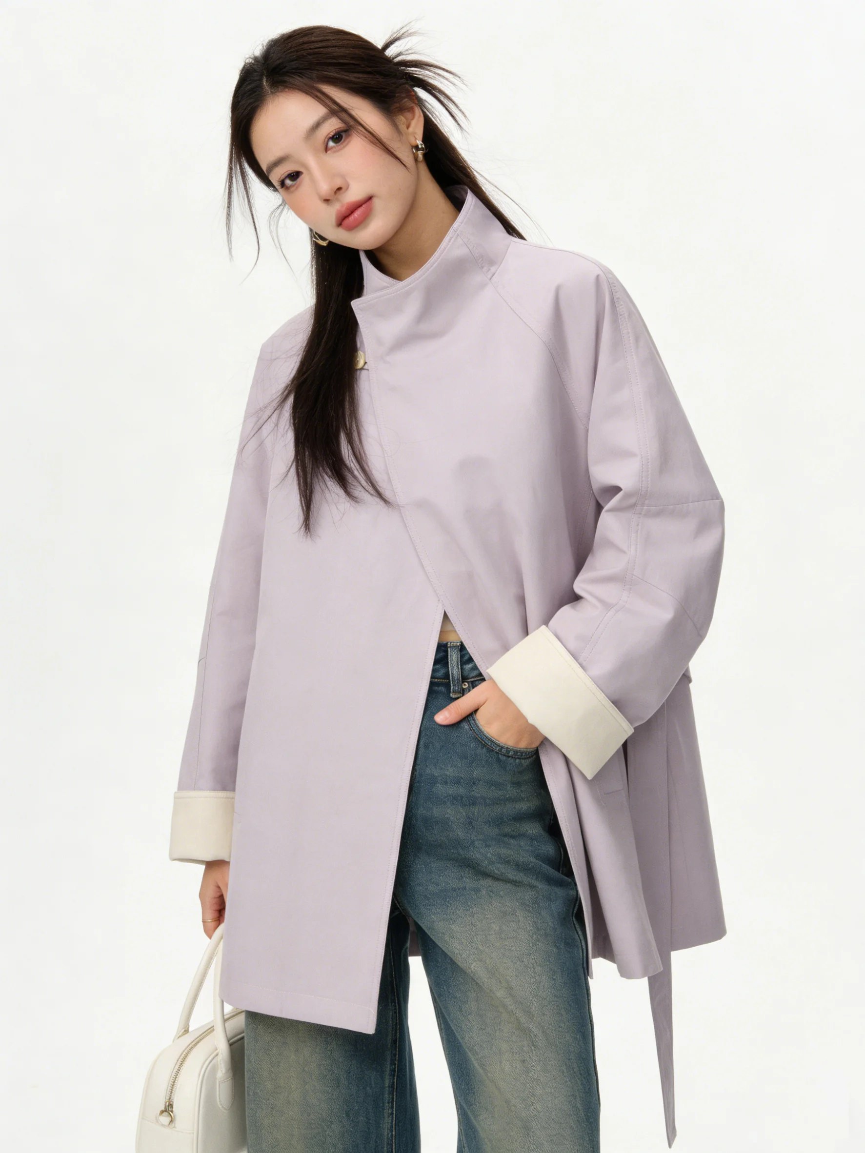 Purple Belted Waistcoat Longline Casual Spring Outerwear Stand Collar Adjustable Drawstring Women's Korean Style Jacket