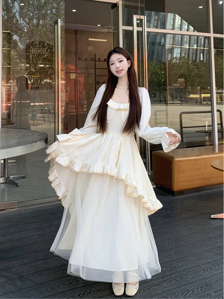 

Элегантное пышное платье-фея с оборками, новинка весеннего сезона, асимметричное, с длинными рукавами, из тюля, с завышенной талией, А-силуэт