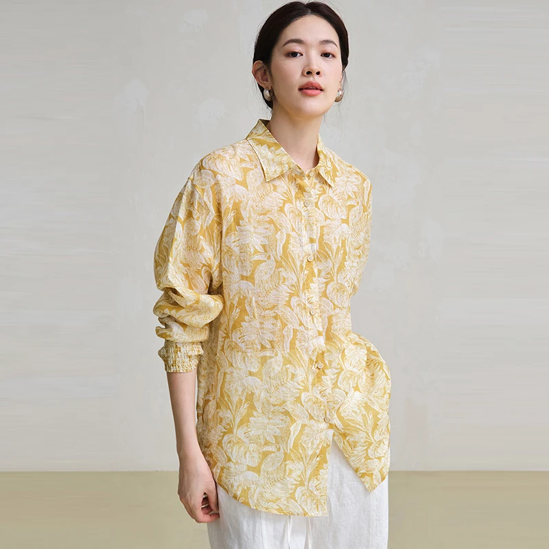 100% leinen Frauen Langarm-shirt Neue Ankunft 2025 Frühling Vintage Stil Floral Print Lose Weibliche Casual Tops Shirts M1558