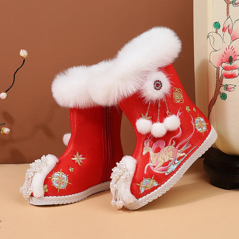 Winter Girls Embroidered Shoes Plush Cotton Boots Chinese New Year Girl Shoes Red Warm Kids Princess Performance Dance CSH1665