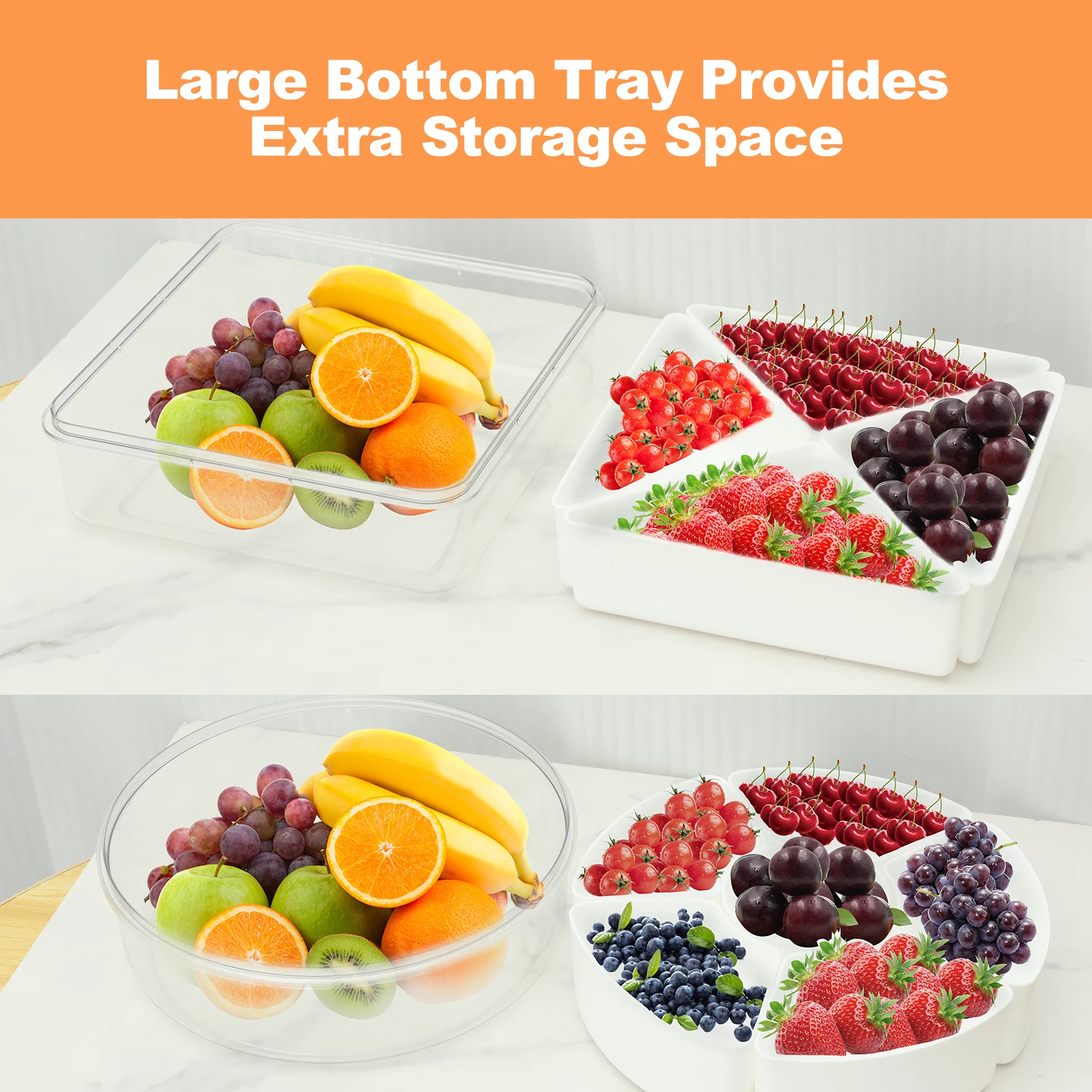 Round / Square Divided Serving Tray with Clear Lid 6/4 Compartments Divided Snack Box Removable Snack Serving Tray Practical