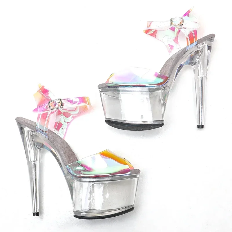 Leecabe 17CM/7Inch  holography TPU transparent  Platform small open toe   party High Heels Shoes Pole Dancing Sandals Shoes