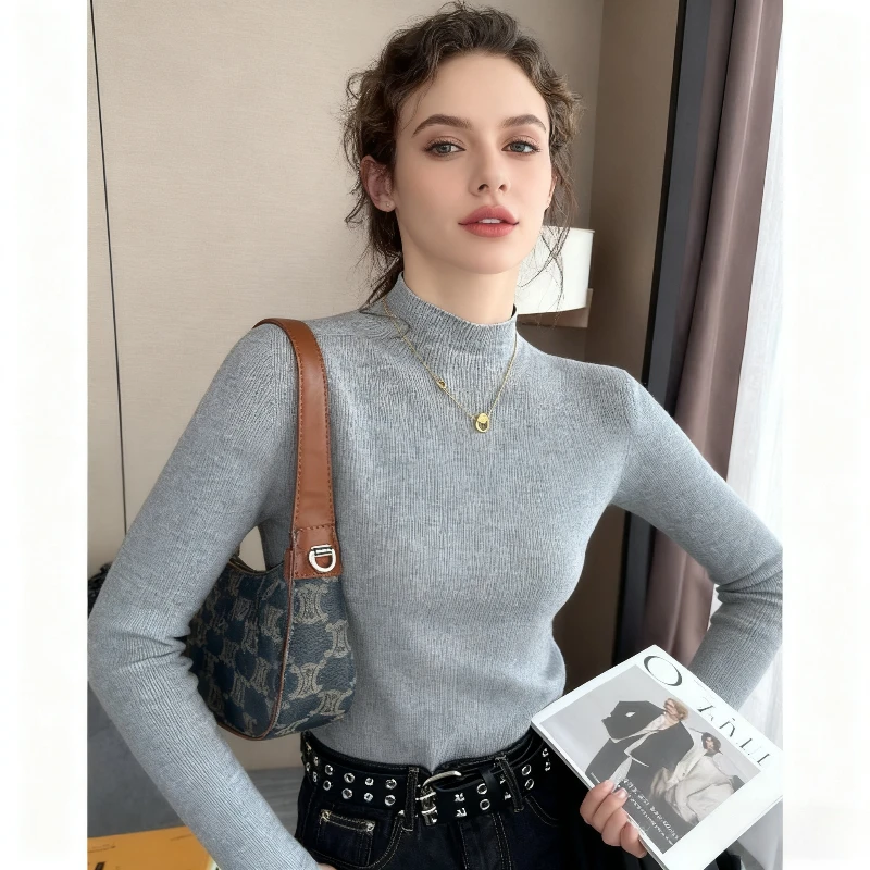 

Chic Soft Mock Collar Long-sleeved Solid Color Pullover Knitted Women's Blouse Basic Gentle Sweater Korean Fashion