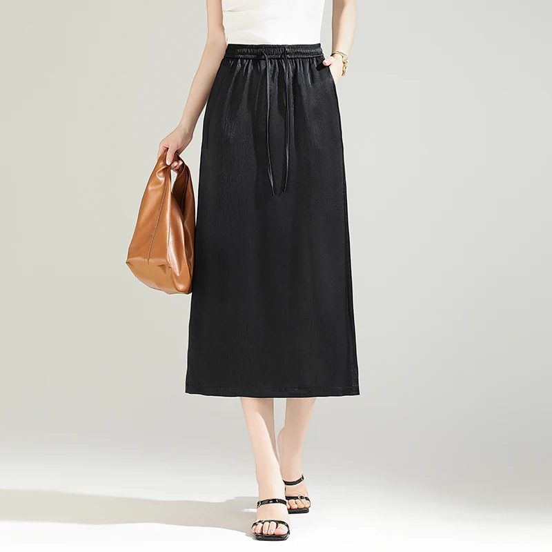 

Bla Acetate Satin f-length Skirt Women Summer Thin Casual Midi Skirt Elastic Waist Drapey A-line Tube Skirt