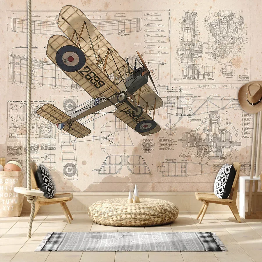 Moderne op maat gemaakte behang Home Decor Peel en Stick Wallpaper Contact Paper Wallpapers voor woonkamer Cartoon Kids Plane Mural