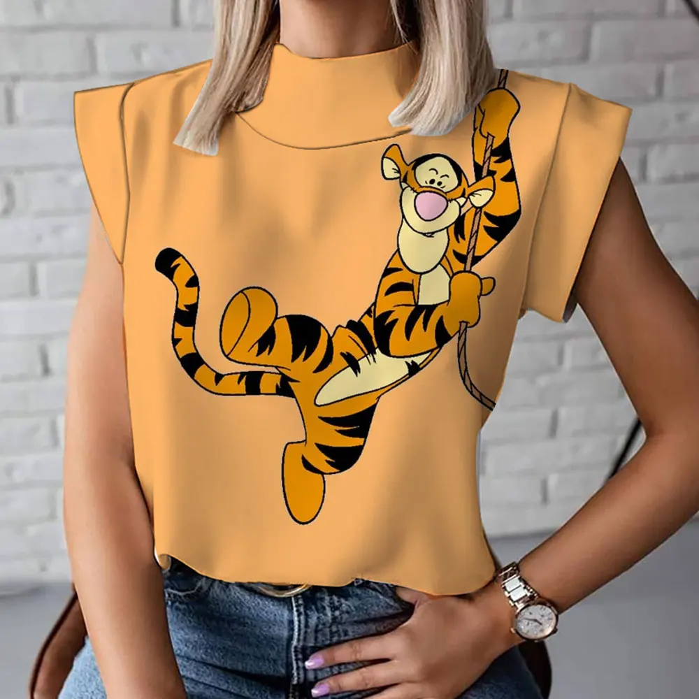 Camiseta de gola alta feminina de Winnie the Pooh, manga curta, confortável, casual, elegante