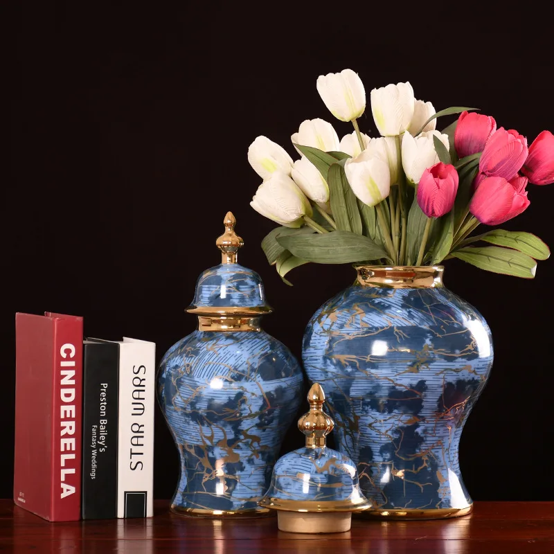 Modern Gilded Blue Ceramic Vase Flower Arrangement Crafts Large Porcelain General Jar Decorative Home Decoration