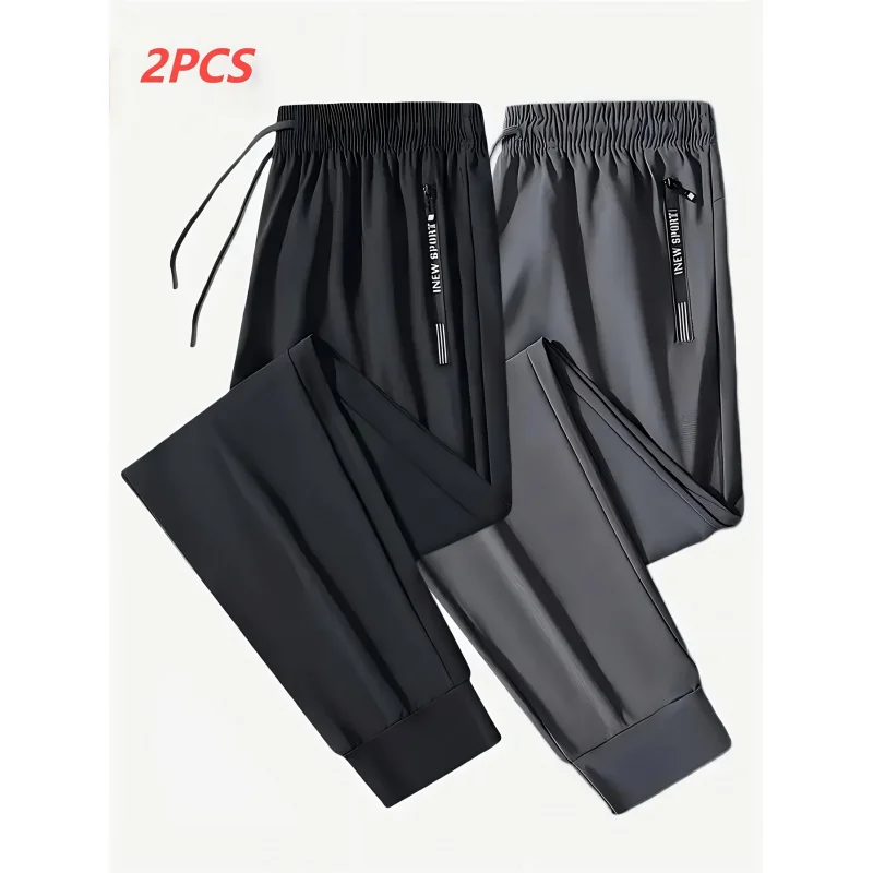 

2 шт. новые летние тонкие брюки из ледяного шелка, черные и серые мужские спортивные штаны из ледяного шелка, дышащие и эластичные спортивные брюки для мужчин