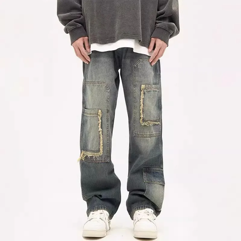 

American High Street Retro Men's Jeans Casual Loose Straight Leg ket Design Youthful Polyester Fiber Autumn Wear