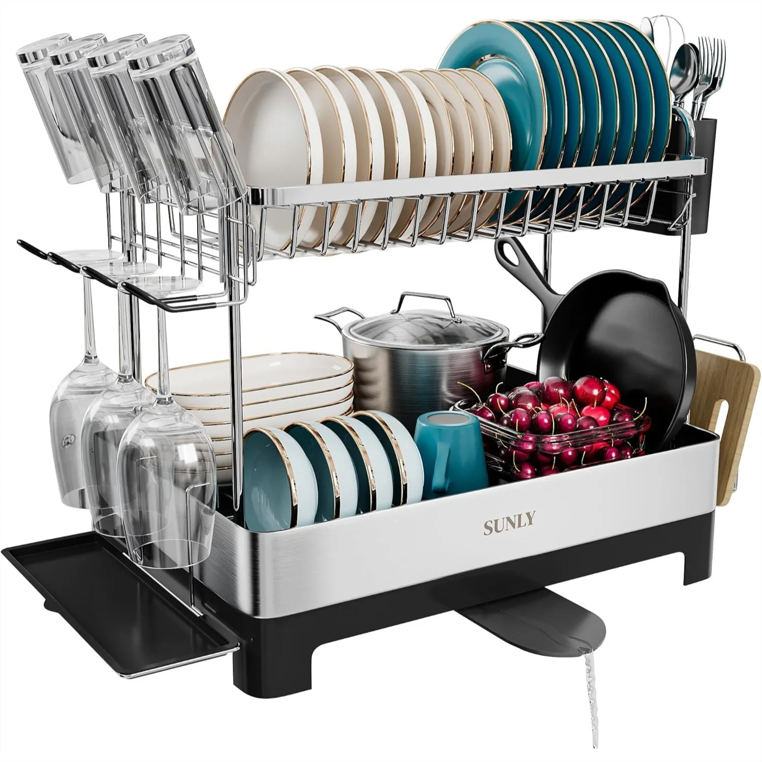

Extra Large 2 Tier Dish Drying Rack for Kitchen Counter, Stainless Steel Dish Drainer with Extendable Spout, Black