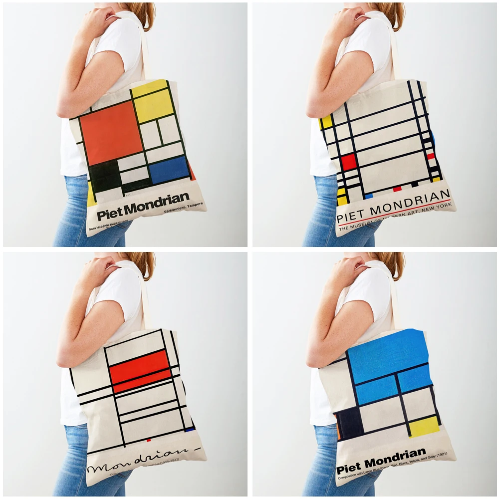 Piet Mondrian linea geometrica Color Block doppia stampa Shopping Bag donna Shopper borse Lady Canvas Tote borsa da viaggio riutilizzabile