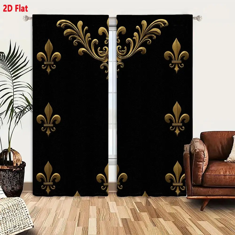 2Pcs Curtains Add 2D Flat Regal Gold Fleur De Lis Pattern On Black Background Elegant Baroque Heraldry Design Window Drapes for